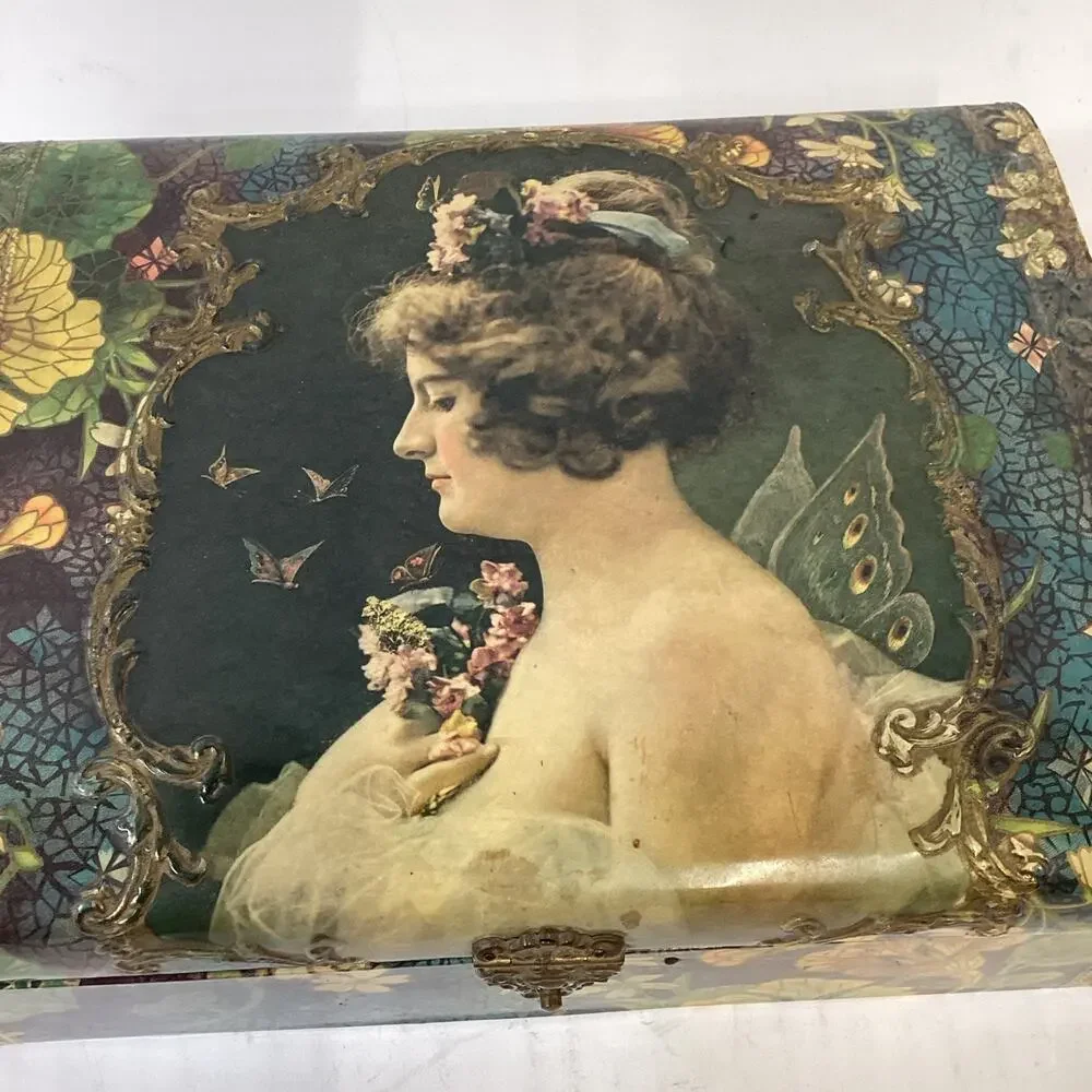 Antique 1900’s Edwardian Lithograph Wooden Jewelry Box W/ Lined Satin - Read